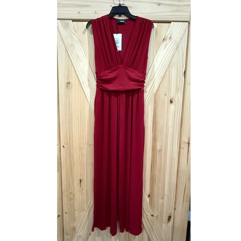 Cider Red Ribbed Knit Wide Leg Jumpsuit V-Neck Ruched Waist Sleeveless Medium